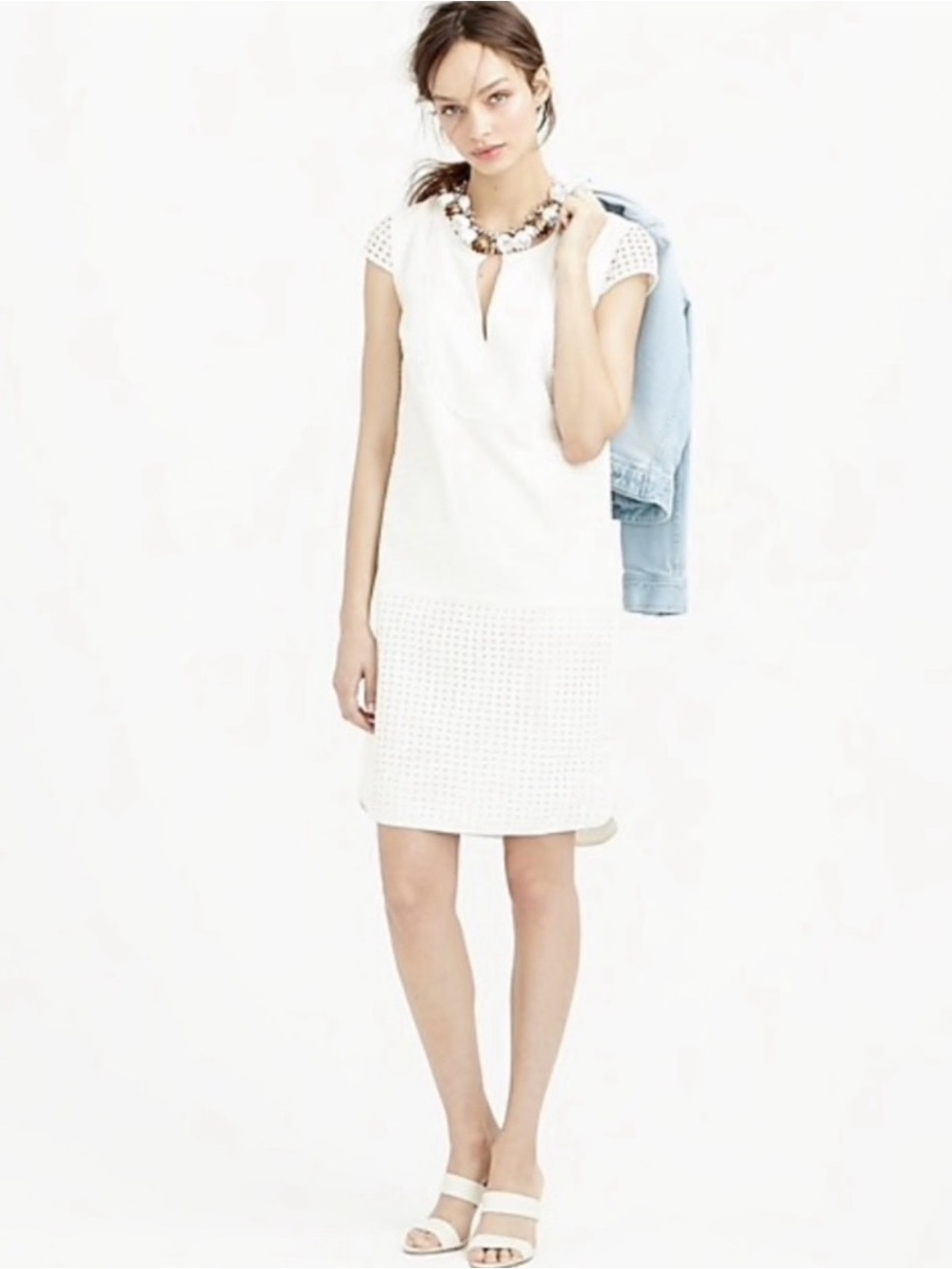 J. Crew Women’s Tripe Eyelet Shift Dress in White Style C2587 Size Small
